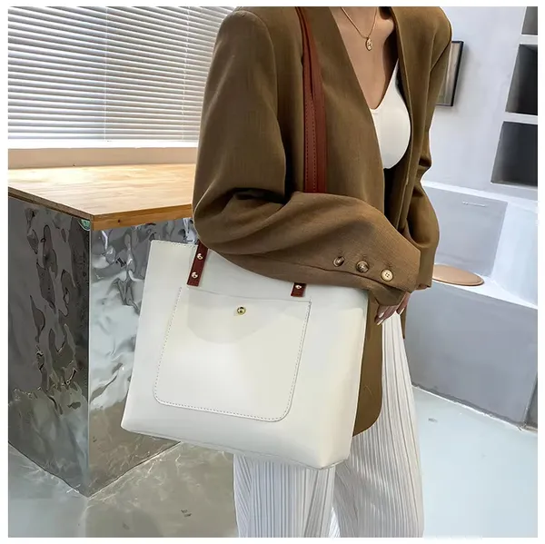 White_Women'S_Stylish_Pu_Leather_Tote_Bag__Spacious_Design_With_1_Large_Compartment__2_Pockets,_Perfect_For_Office,_Travel,_And_Casual_Use