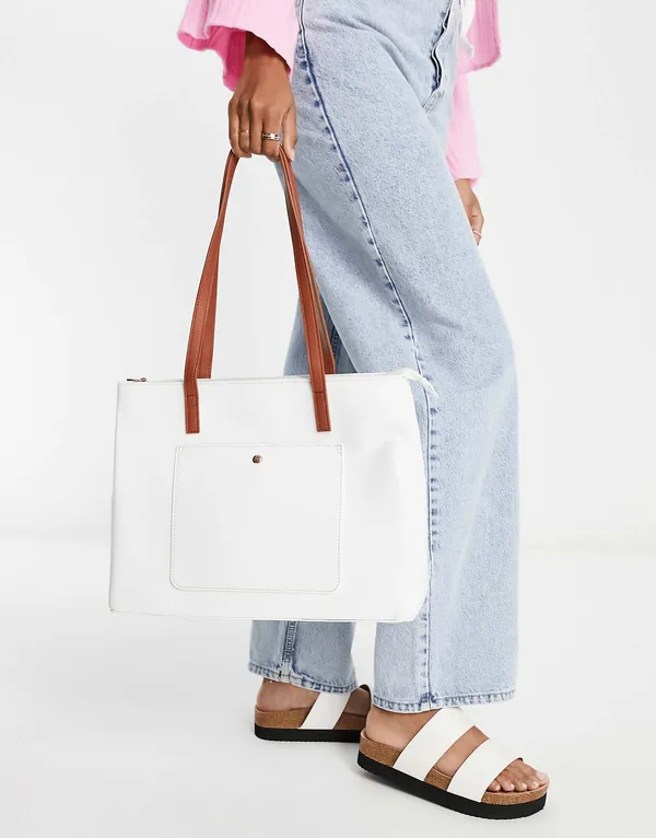 White_Women'S_Stylish_Pu_Leather_Tote_Bag__Spacious_Design_With_1_Large_Compartment__2_Pockets,_Perfect_For_Office,_Travel,_And_Casual_Use