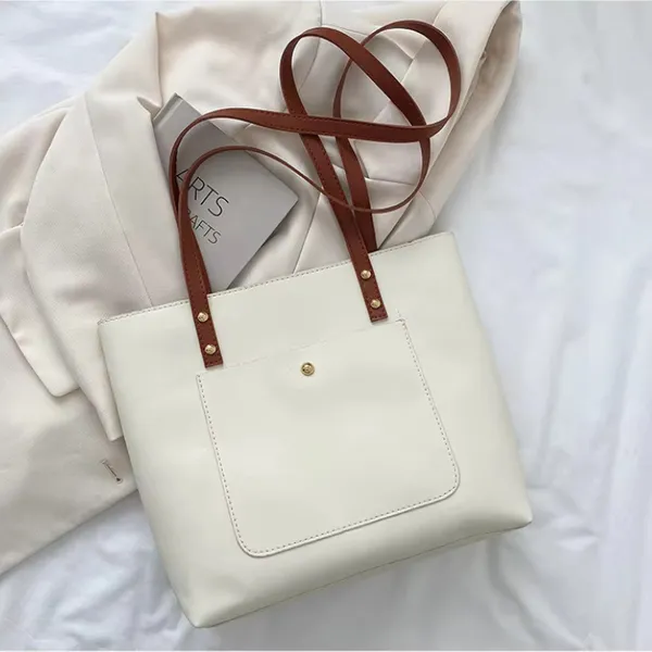 White_Women'S_Stylish_Pu_Leather_Tote_Bag__Spacious_Design_With_1_Large_Compartment__2_Pockets,_Perfect_For_Office,_Travel,_And_Casual_Use