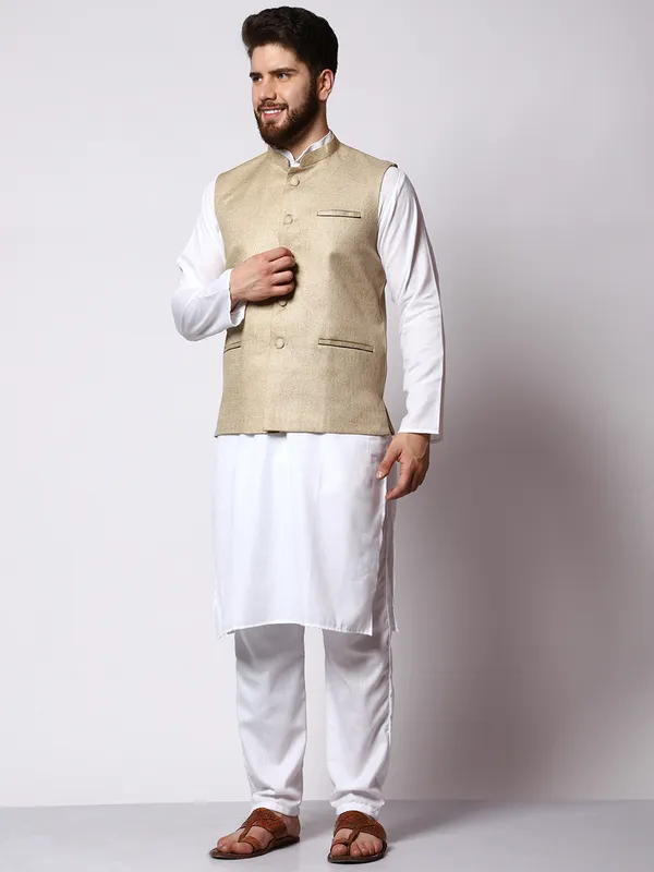 White_Cotton_Kurta_With_Jute_Waistcoat_Set_For_Men