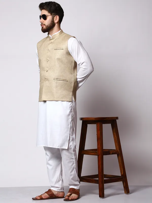 White_Cotton_Kurta_With_Jute_Waistcoat_Set_For_Men