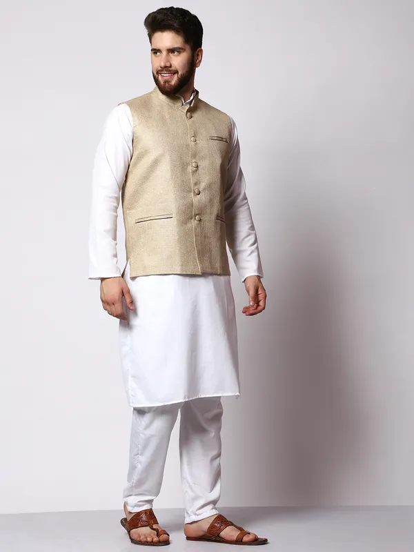 White_Cotton_Kurta_With_Jute_Waistcoat_Set_For_Men
