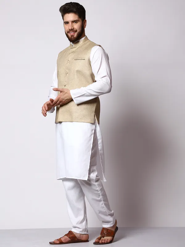 White_Cotton_Kurta_With_Jute_Waistcoat_Set_For_Men