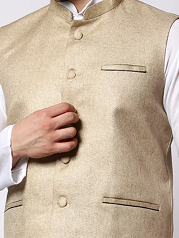 White_Cotton_Kurta_With_Jute_Waistcoat_Set_For_Men