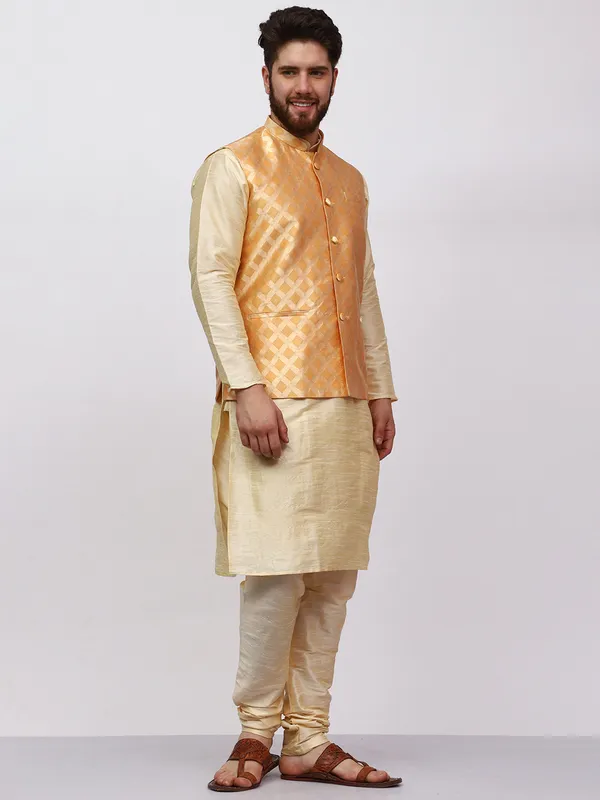 Gold_Banarasi_Dupion_Kurta_With_Box_Jacket_Set_For_Men
