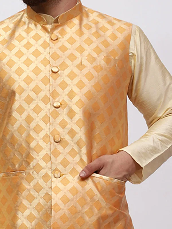 Gold_Banarasi_Dupion_Kurta_With_Box_Jacket_Set_For_Men