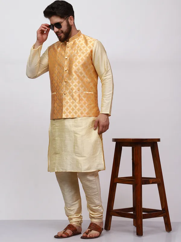 Gold_Banarasi_Dupion_Kurta_With_Box_Jacket_Set_For_Men
