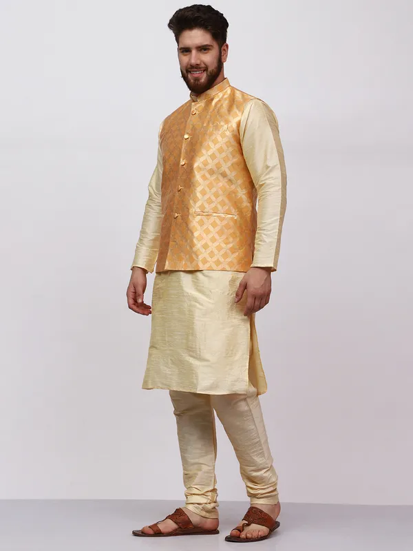 Gold_Banarasi_Dupion_Kurta_With_Box_Jacket_Set_For_Men