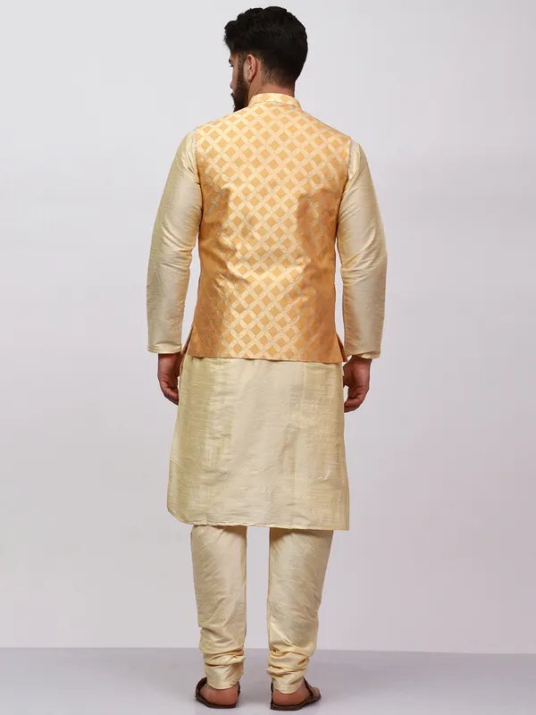 Gold_Banarasi_Dupion_Kurta_With_Box_Jacket_Set_For_Men