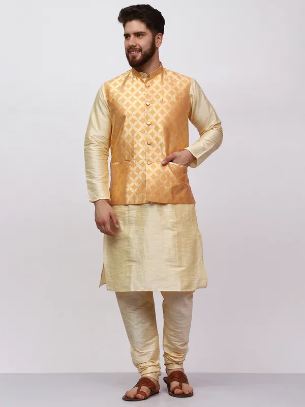 Gold_Banarasi_Dupion_Kurta_With_Box_Jacket_Set_For_Men