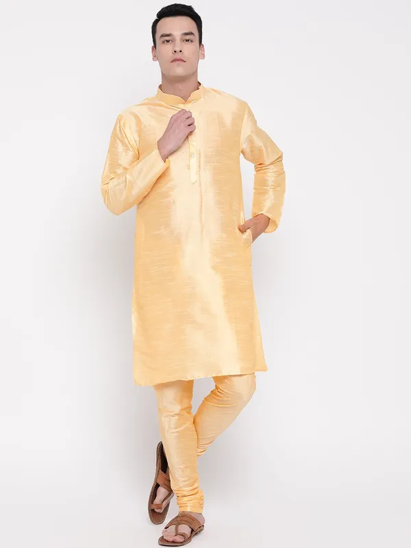 Gold_Banarasi_Dupion_Kurta_With_Churidar_And_Waistcoat_Set_For_Men