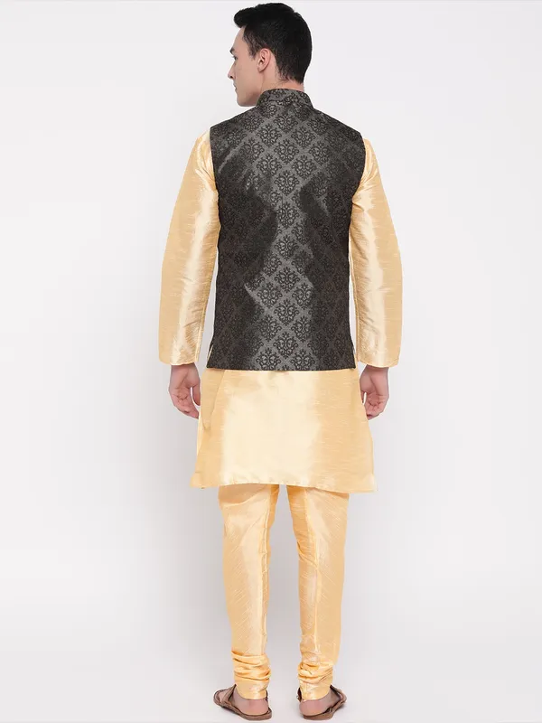 Gold_Banarasi_Dupion_Kurta_With_Churidar_And_Waistcoat_Set_For_Men