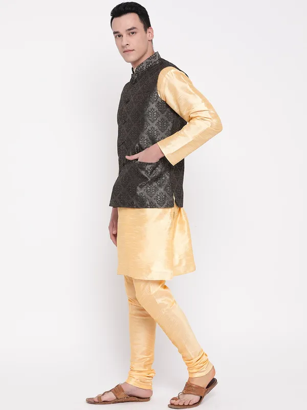 Gold_Banarasi_Dupion_Kurta_With_Churidar_And_Waistcoat_Set_For_Men