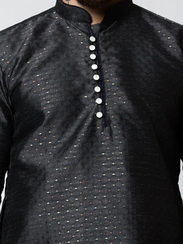 Black_Silk_Blend_Loop_Button_Designer_Kurta_With_Churidar_Set_For_Men