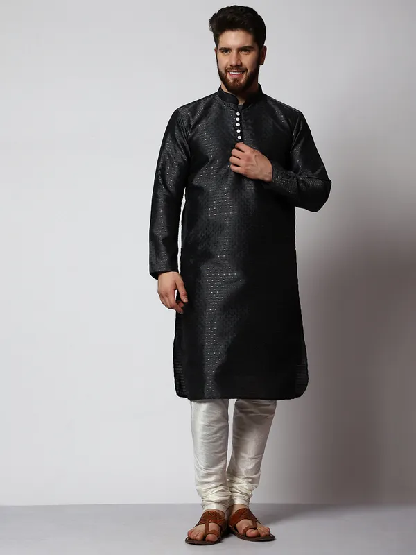Black_Silk_Blend_Loop_Button_Designer_Kurta_With_Churidar_Set_For_Men
