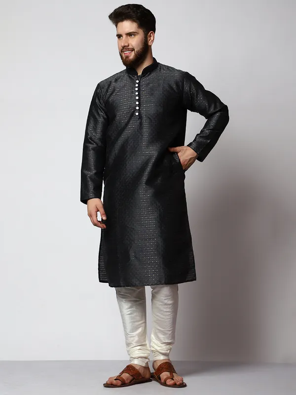 Black_Silk_Blend_Loop_Button_Designer_Kurta_With_Churidar_Set_For_Men
