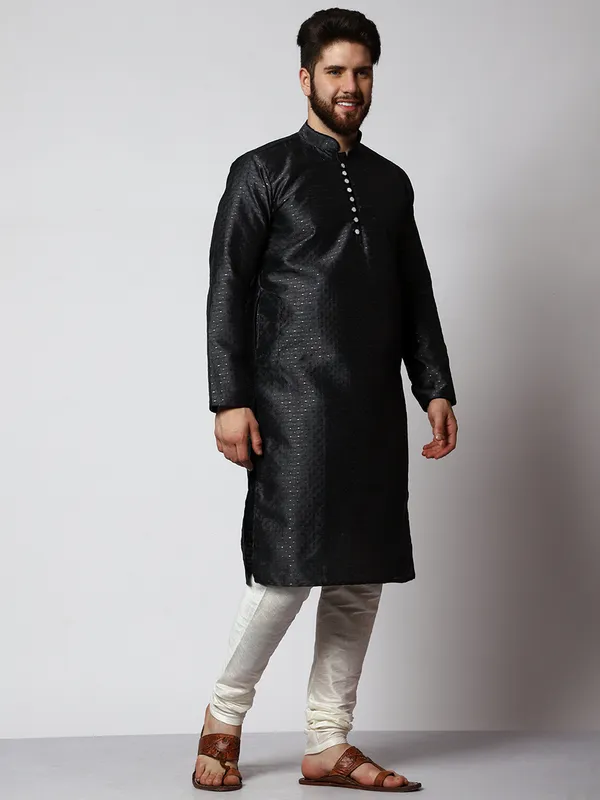 Black_Silk_Blend_Loop_Button_Designer_Kurta_With_Churidar_Set_For_Men