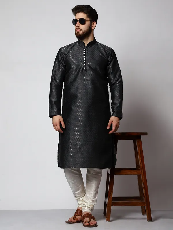 Black_Silk_Blend_Loop_Button_Designer_Kurta_With_Churidar_Set_For_Men