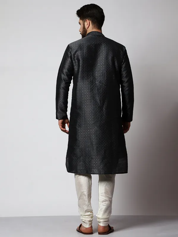 Black_Silk_Blend_Loop_Button_Designer_Kurta_With_Churidar_Set_For_Men