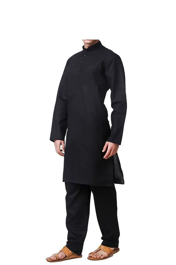 Black_Cotton_Kurta_With_Pyjama_Set_For_Men