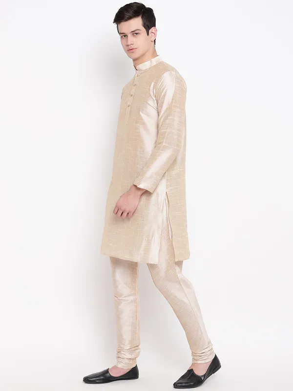 Beige_Double_Tone_Banarasi_Dupion_Kurta_With_Churidar_And_Waistcoat_Set_For_Men