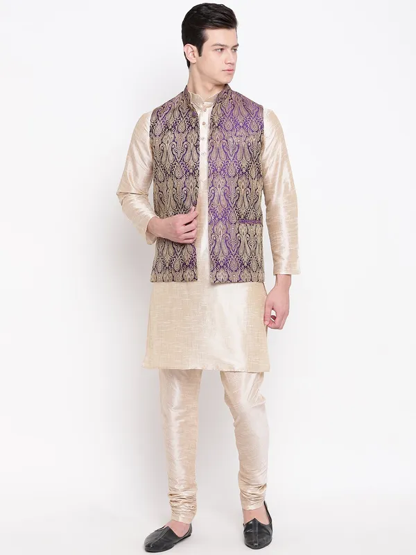 Beige_Double_Tone_Banarasi_Dupion_Kurta_With_Churidar_And_Waistcoat_Set_For_Men