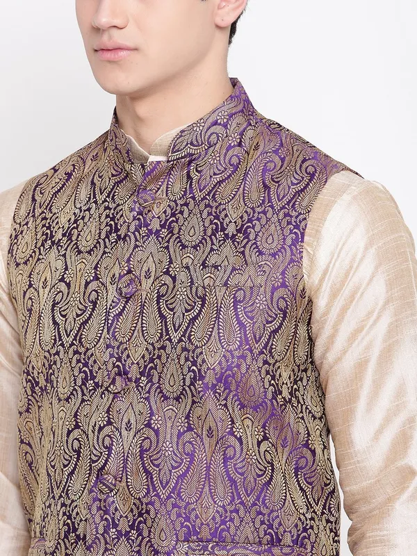 Beige_Double_Tone_Banarasi_Dupion_Kurta_With_Churidar_And_Waistcoat_Set_For_Men