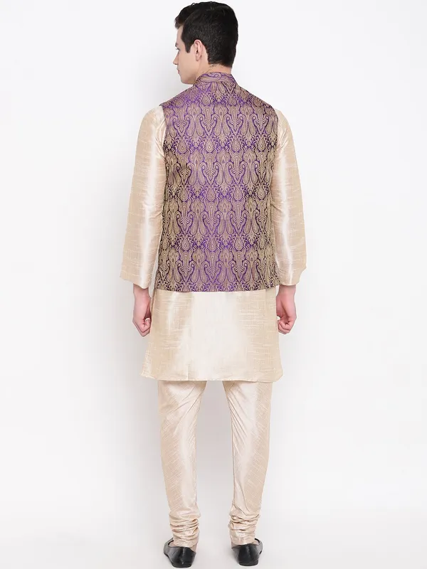 Beige_Double_Tone_Banarasi_Dupion_Kurta_With_Churidar_And_Waistcoat_Set_For_Men