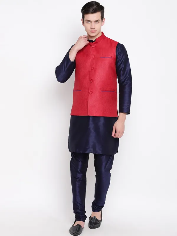Navy_Blue_Banarasi_Dupion_Kurta_With_Churidar_And_Jute_Waistcoat_Set_For_Men