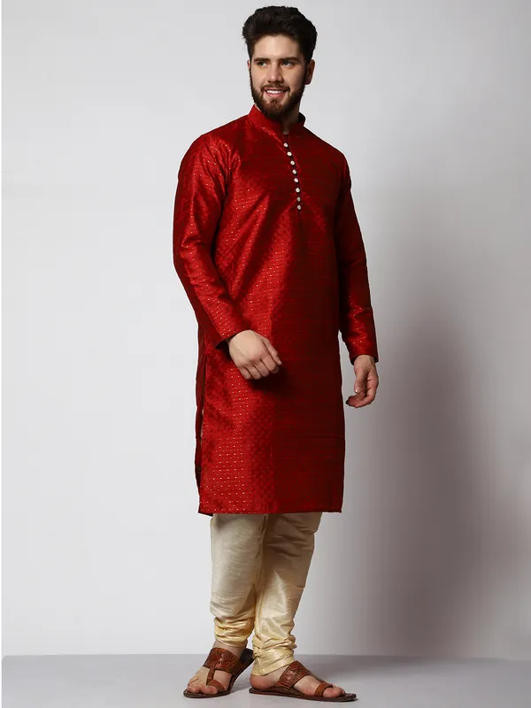 Red_Silk_Blend_Loop_Button_Designer_Kurta_With_Churidar_Set_For_Men