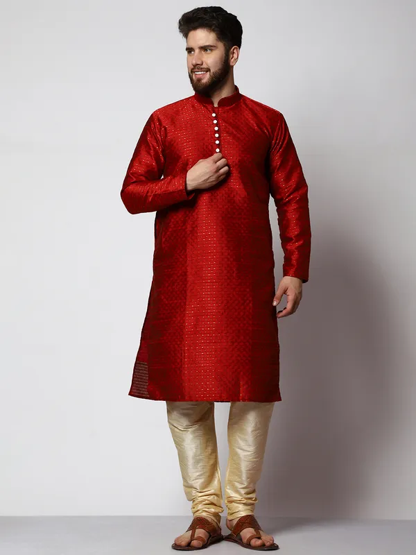 Red_Silk_Blend_Loop_Button_Designer_Kurta_With_Churidar_Set_For_Men