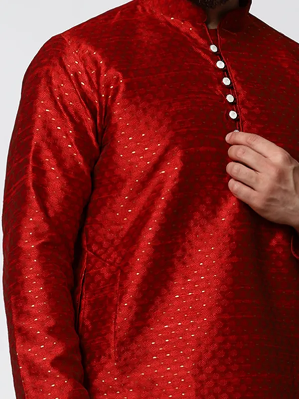 Red_Silk_Blend_Loop_Button_Designer_Kurta_With_Churidar_Set_For_Men