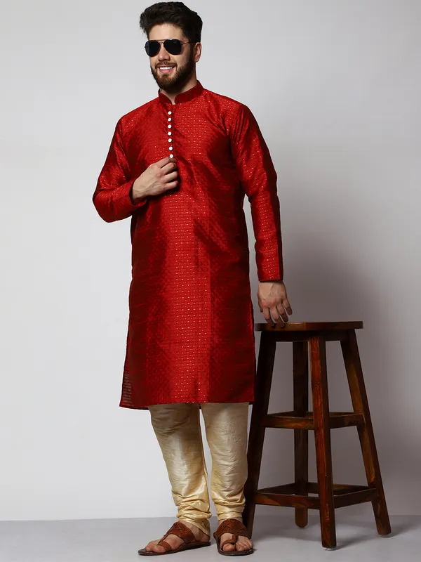 Red_Silk_Blend_Loop_Button_Designer_Kurta_With_Churidar_Set_For_Men