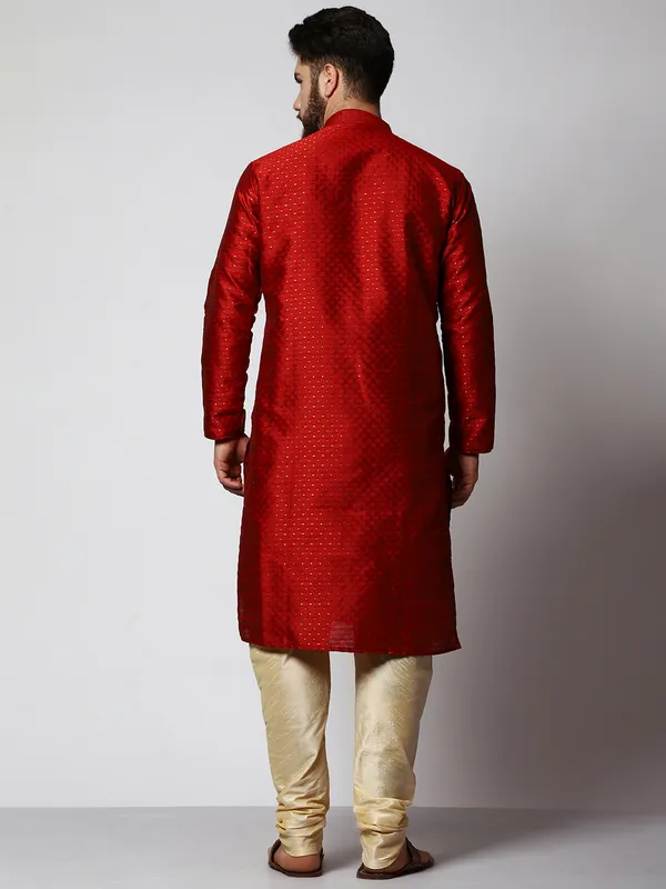 Red_Silk_Blend_Loop_Button_Designer_Kurta_With_Churidar_Set_For_Men