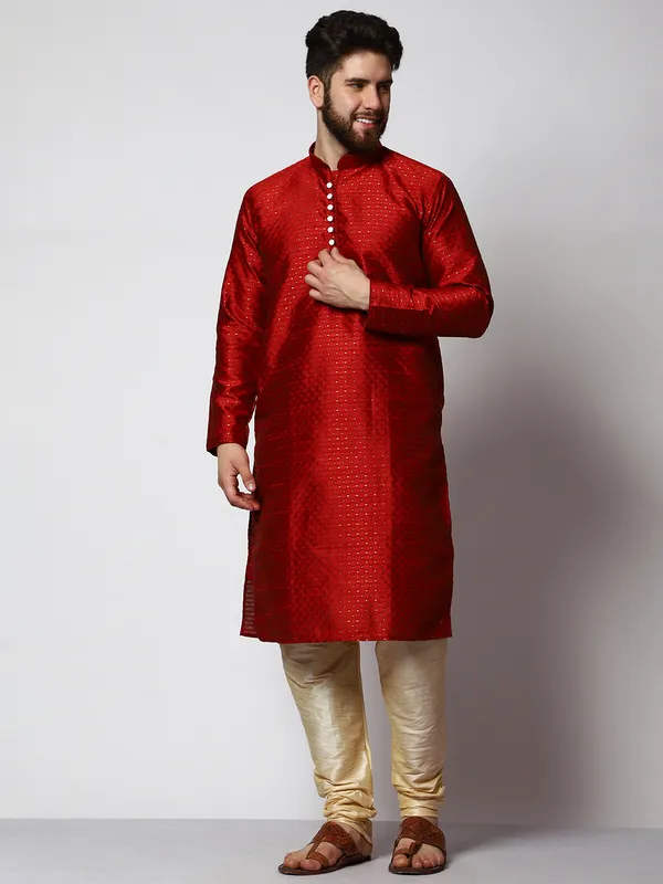 Red_Silk_Blend_Loop_Button_Designer_Kurta_With_Churidar_Set_For_Men