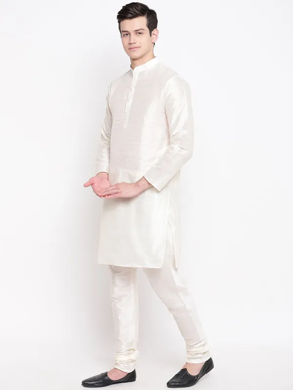 White_Banarasi_Dupion_Kurta_With_Churidar_And_Jute_Waistcoat_Set_For_Men