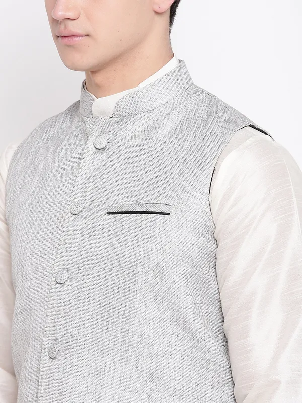 White_Banarasi_Dupion_Kurta_With_Churidar_And_Jute_Waistcoat_Set_For_Men