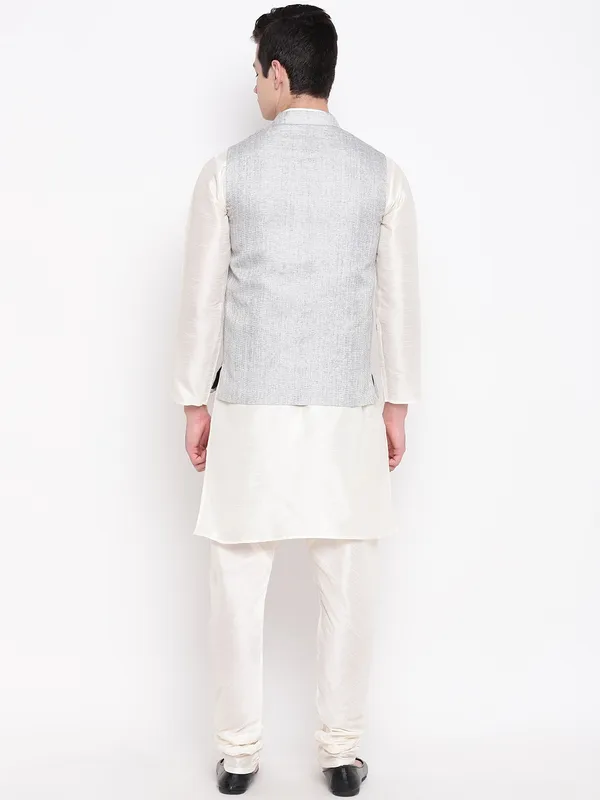 White_Banarasi_Dupion_Kurta_With_Churidar_And_Jute_Waistcoat_Set_For_Men