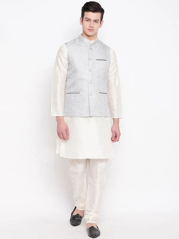 White_Banarasi_Dupion_Kurta_With_Churidar_And_Jute_Waistcoat_Set_For_Men