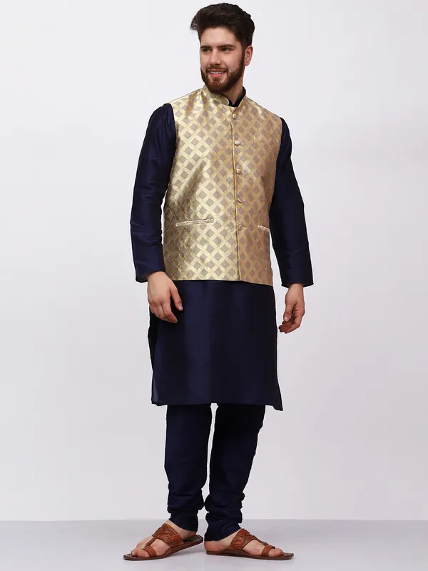 Navy_Blue_Banarasi_Dupion_Kurta_With_Box_Jacket_Set_For_Men