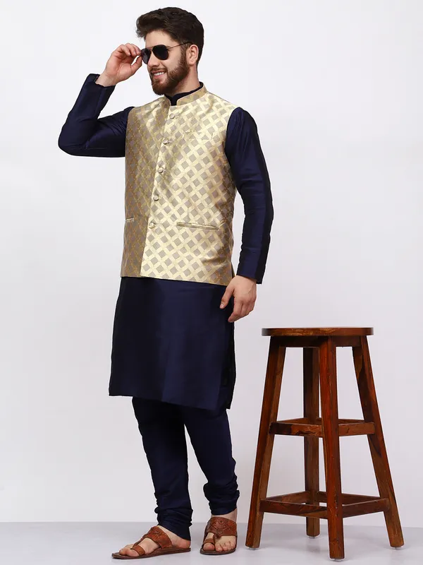 Navy_Blue_Banarasi_Dupion_Kurta_With_Box_Jacket_Set_For_Men