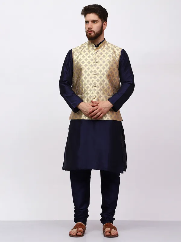 Navy_Blue_Banarasi_Dupion_Kurta_With_Box_Jacket_Set_For_Men