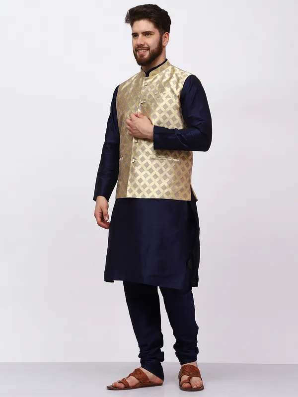 Navy_Blue_Banarasi_Dupion_Kurta_With_Box_Jacket_Set_For_Men