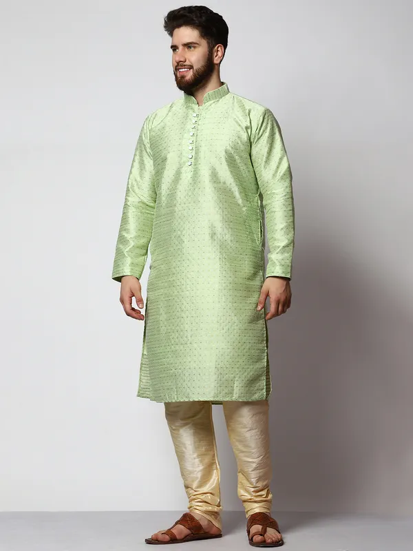 Green_Silk_Blend_Loop_Button_Designer_Kurta_With_Churidar_Set_For_Men