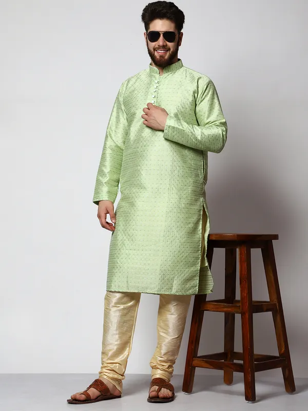 Green_Silk_Blend_Loop_Button_Designer_Kurta_With_Churidar_Set_For_Men