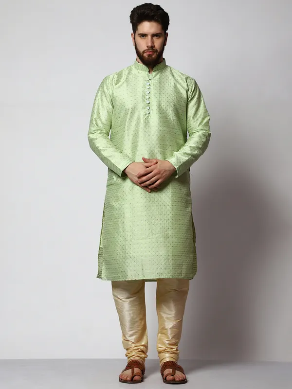 Green_Silk_Blend_Loop_Button_Designer_Kurta_With_Churidar_Set_For_Men