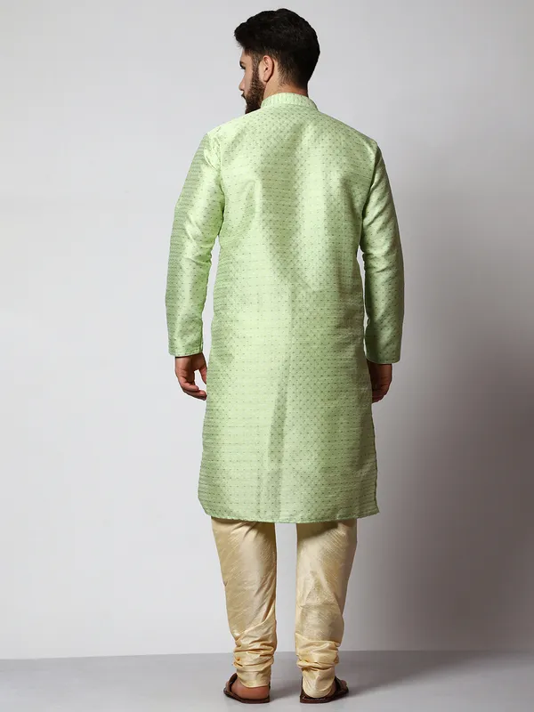 Green_Silk_Blend_Loop_Button_Designer_Kurta_With_Churidar_Set_For_Men
