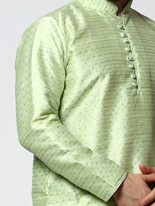 Green_Silk_Blend_Loop_Button_Designer_Kurta_With_Churidar_Set_For_Men