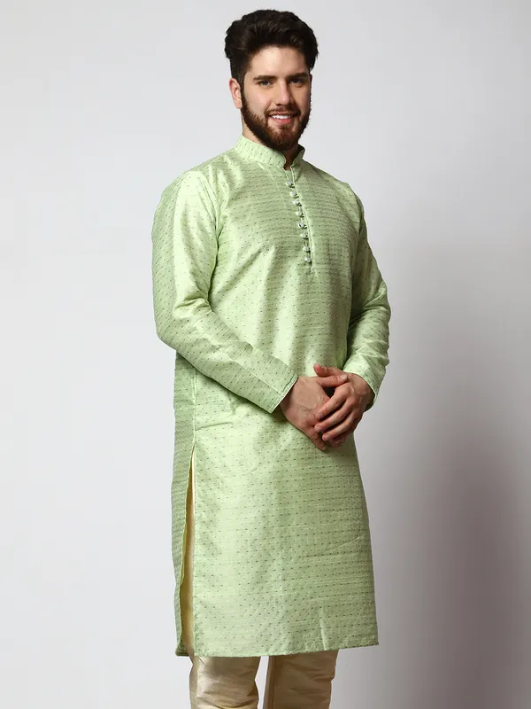 Green_Silk_Blend_Loop_Button_Designer_Kurta_With_Churidar_Set_For_Men