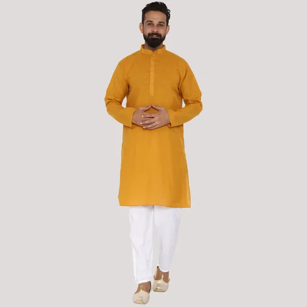 Mustard_Cotton_Kurta_With_Pyjama_Set_For_Men